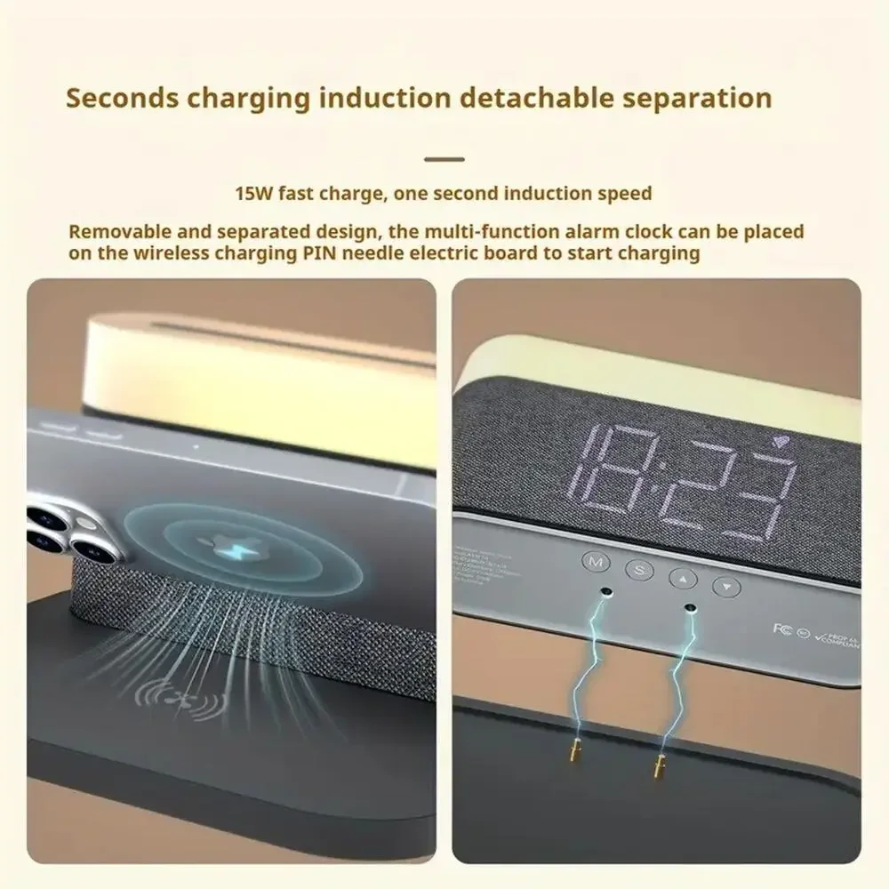 4-in-1 Wireless Charging Station, Alarm Clock, Dimming Touch Lamp 3 Colors Light